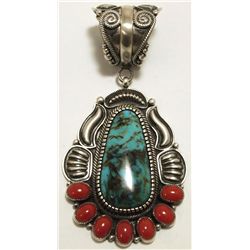 Old Pawn Navajo Coral & Turquoise Sterling Silver Pendant - Kirk Smith