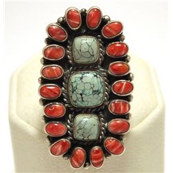 Old Pawn Navajo Coral & Turquoise Sterling Silver Men's Ring - Kirk Smith