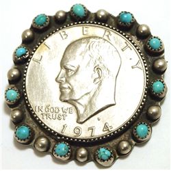 Old Pawn Navajo Turquoise Sterling Silver Eisenhower Silver Dollar Pendant & Pin - H. Joe