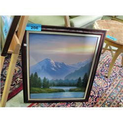 Framed original oil on canvas mountain lake scene