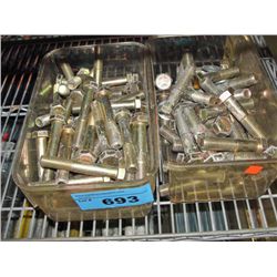 2 plastic bins of large bolts
