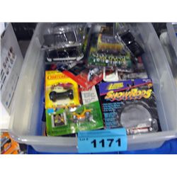 Clear plastic storage bin filled with assorted