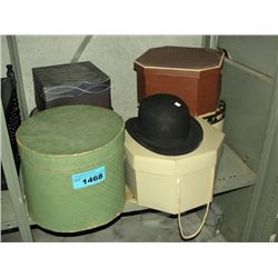 6 vintage hat boxes and one black derby style hat