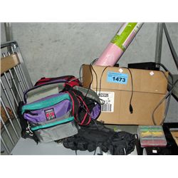 Shelf lot of misc items; electronics, yoga mat,