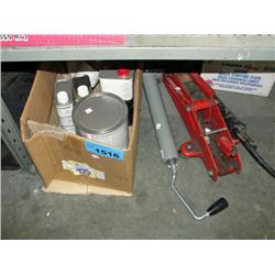 Shelf lot of misc; trailer jack, floor jack,