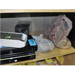 Shelf lot of assorted home electronics
