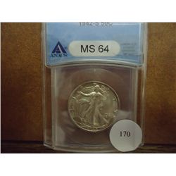 1942-S WALKING LIBERTY HALF DOLLAR ANACS MS64