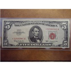 1963 $5 US STAR NOTE RED SEAL CRISP