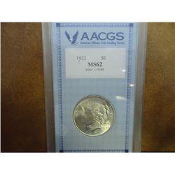 1922 PEACE SILVER DOLLAR AACGS MS62