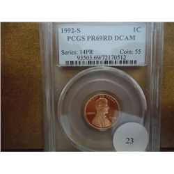 1992-S LINCOLN CENT PCGS PR69 RD DCAM