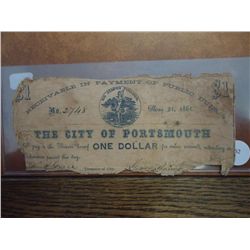 1861 CITY OF PORTSMOUTH $1 OBSOLETE BANK NOTE