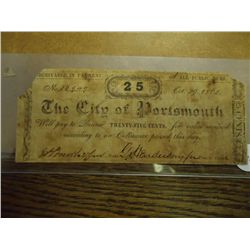 1862 CITY OF PORTSMOUTH 25 CENT OBSOLETE BANK NOTE