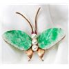 Jadeite, Cultured Pearl, Red Stone, 14K Yellow Gold Butterfly Brooch