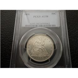 1858 SEATED LIBERTY HALF PCGS AU-58