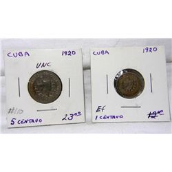 (2)1920 Pre-Castro 5 Cinco Centavo Coins