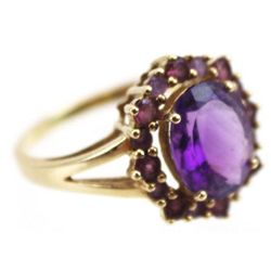 LADIES GOLD/ AMETHYST CLUSTER COCKTAIL RING