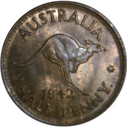 Australia 1942 I Halfpenny (Long Reverse Denticles) - NGC MS63 RB