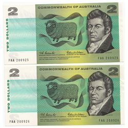 Australia Coombs/Wilson 1966 2 Dollar FAA - First Prefix pair - UNC (2)