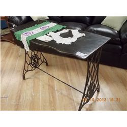 HALL TABLE WITH ANTIQUE SINGER SEWING MACHIEN METAL BASE