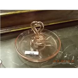 DEPRESSION GLASS SERVING DISH WITH HEART HANDLE