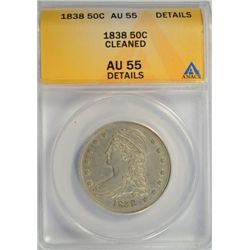 1838 REEDED EDGE SEATED HALF DOLLAR ANACS AU55 MINOR CLEANING