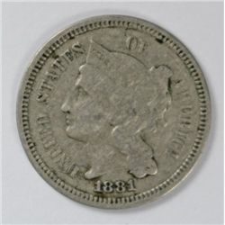 1881 THREE CENT NICKEL VF