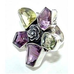 Silver and Amethyst & Lemon Quartz Ring