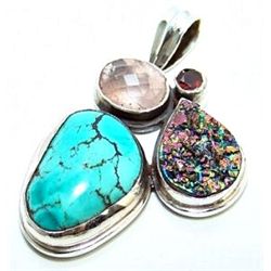 Rose Quartz, Garnet, Titanium Drusy & Turquoise Pendant