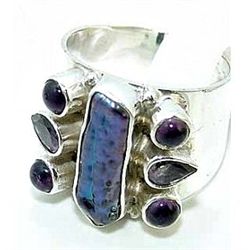 Silver and Biwa Pearl & Amethyst Ring