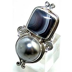 Silver and Agate & Pearl Ring