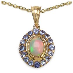 1.50ctw Genuine Ethiopian Opal & Tanzanite 14K Yellow Gold Plated .925 Sterling Silver Silver Pendan