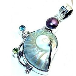 Nautilus Shell, Mixed Stones & Pearl Pendant