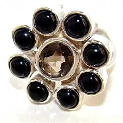 Silver and Onyx & Smokey Quartz Ring