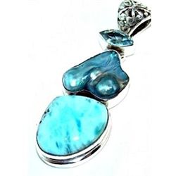 Biwa Pearl, Larimar & Blue Topaz Pendant