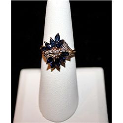 14K GOLD DIAMOND AND BLUE SAPPHIRE RING