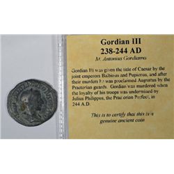 ANCIENT ROMAN ROMAN COIN, ATTRIBUTED TO THE RULE GORDIAN III CIRCA 238-244 A.D.