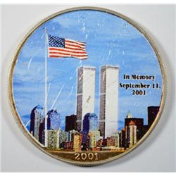 2001 AMERICAN SILVER EAGLE, ONE OUNCE .999 SILVER, PAINTED IN MEMORY OF 9/11