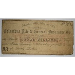 1862 $3.00 COLUMBUS LIFE & GENERAL INSURANCE CO.