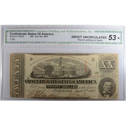 1863 $20.00 CONFEDERATE STATES OF AMERICA NOTE CGA 53