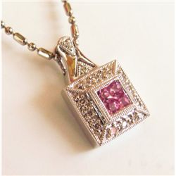Diamond Pink Sapphire Square Pendant:.36Ct 18k W/g
