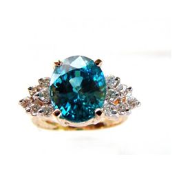 Natural Blue Zircon Ring: 7.22Ct Dia .54Ct 14k Y/g