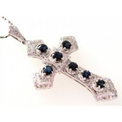 Diamond&Blue Sapphire Cross Pendaent 3.60Ct 18kW/g
