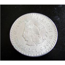 Mexico 1947- 5 Pesos Silver Cuauhtemoc UNC