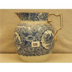 19th century Staffordshire water jug with blue and white decoration and gilded rim, faint hairlin...