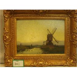 Early 20th century oil on canvas, approx. 9x13" entitled 'Sunrise by the Windmill' by Jan Knikker...