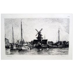 Charles Daubigny "Bateaux et Moulins en Hollande" Etching