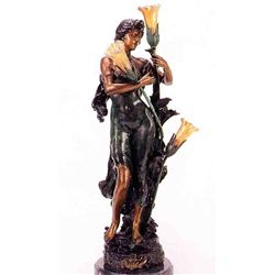 "FLOWER GIRL" BRONZE SCULPTURE LAMP - A.  MOREAU