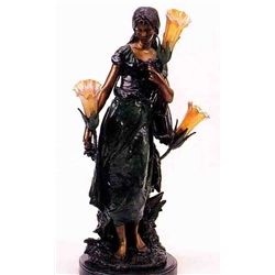 "STANDING MANDOLIN WOMAN" BRONZE SCULPTURE LAMP  - A. MOREAU