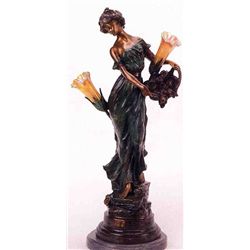  GIRL WITH BASKET OF FLOWERS  BRONZE SCULPTURE LAMP - FLORA