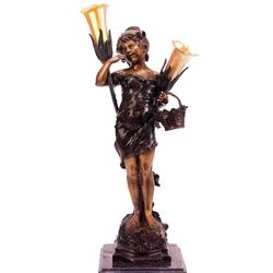  GIRL WITH BASKET   BRONZE SCULPTURE LAMP - A.  MOREAU